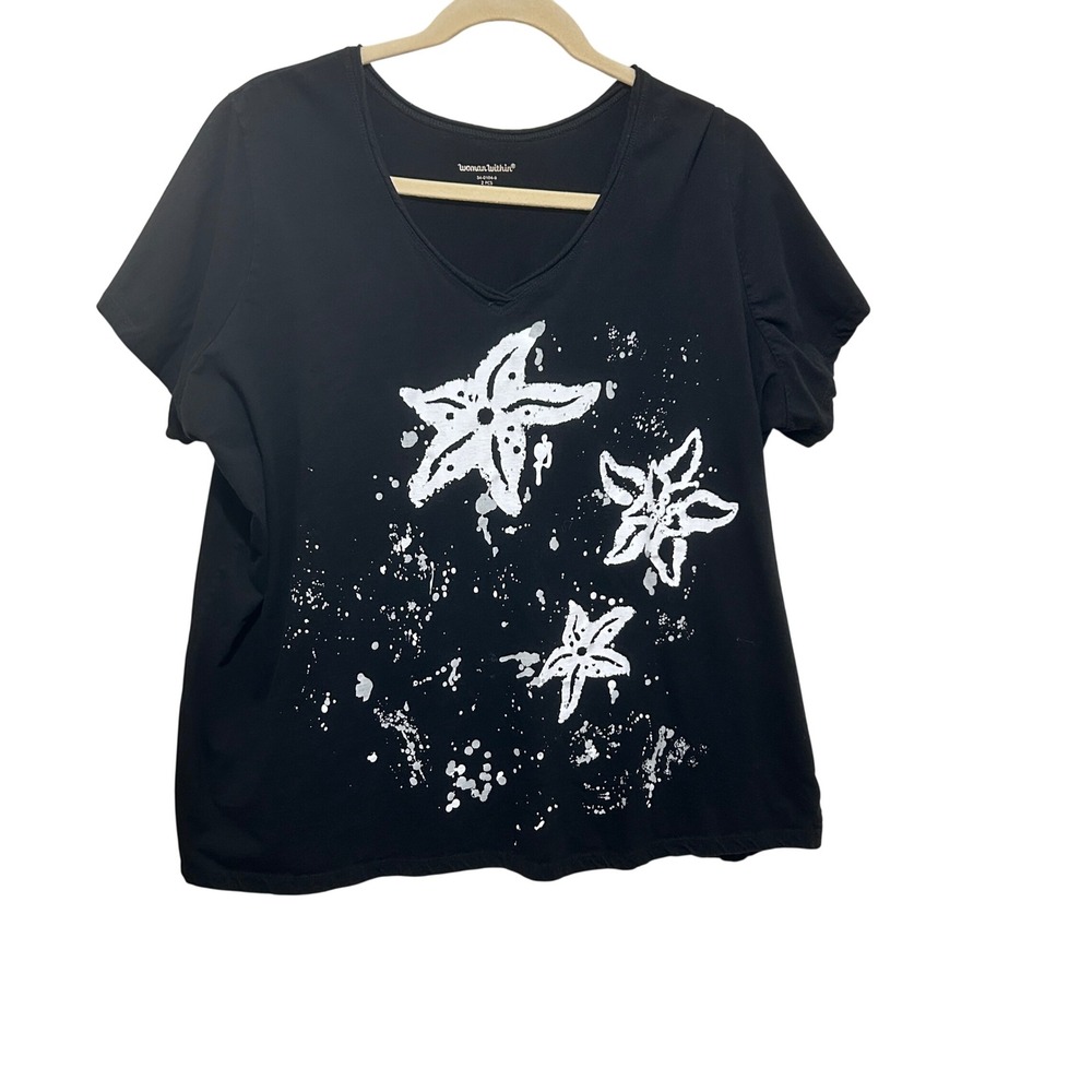 Woman Within Women Coastal‎ Beachy T-shirt 3X Black Starfish Graphic Painted Art